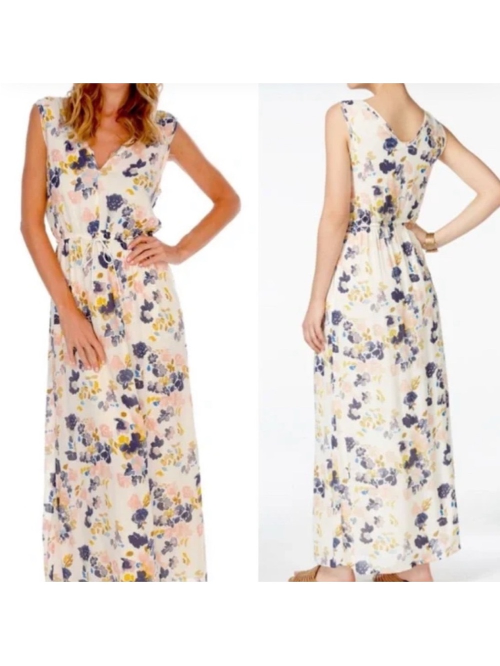 Lucky Brand Floral V-Neck Maxi Dress - White, Blue, Yellow